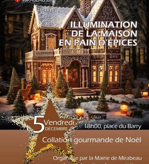 Illuminations de Noël sur le thème de la maison en pain d’épice à Mirabeau_Mirabeau