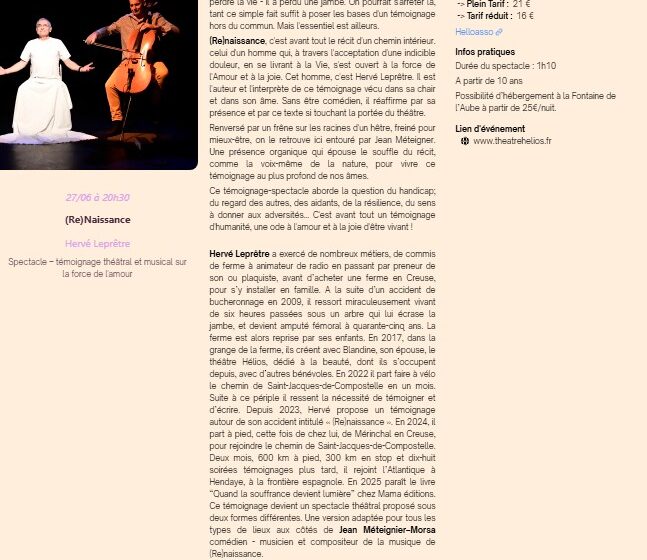 Spectacle – témoignage théâtral et musical sur la force de l'amour (Re)Naissance à la Fontaine de l'Aube à Cadenet_Cadenet